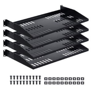 1U Server Rack Shelf, 4 PCS, 50 lbs Max Load-Bearing Vented Cantilever, Wall Mount or Rack Mount Shelf with Tray, 10 in Depth, Good Air Circulation for 19 Inch Cabinet Computer Network Equipment
