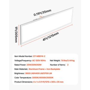1x4 ft led flat panel light, 5700 lm, flush mount led drop ceiling lighting fixture with 3 color selectable 3000k/4000k/5000k, 25w/30w/40w, 0 10v dimmable, ultra slim for home kitchen, 2 pack