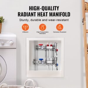 2 branch radiant heat manifold, 1/2" pex tubing manifold, stainless steel pex manifold for hydronic radiant floor heating, radiant heat pex manifold kit with 1/2" adapters included