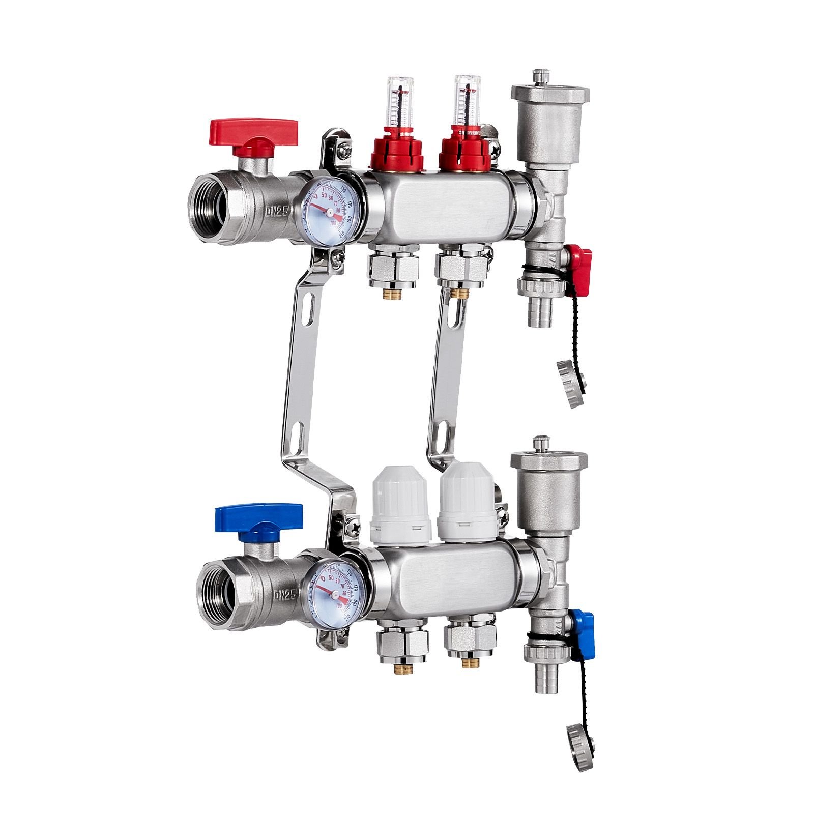 2 branch radiant heat manifold, 1/2" pex tubing manifold, stainless steel pex manifold for hydronic radiant floor heating, radiant heat pex manifold kit with 1/2" adapters included