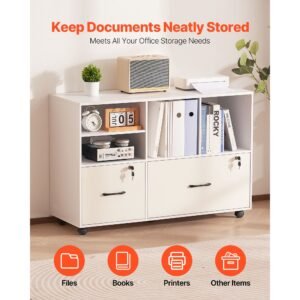 2 drawer wooden file cabinet, mobile filing cabinet with open shelves, lockable lateral rolling file storage with adjustable shelves, free standing printer stand for home office school, white