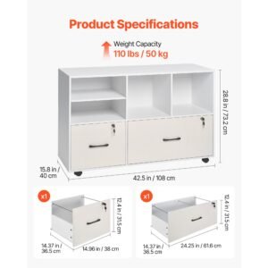 2 drawer wooden file cabinet, mobile filing cabinet with open shelves, lockable lateral rolling file storage with adjustable shelves, free standing printer stand for home office school, white