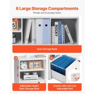 2 drawer wooden file cabinet, mobile filing cabinet with open shelves, lockable lateral rolling file storage with adjustable shelves, free standing printer stand for home office school, white