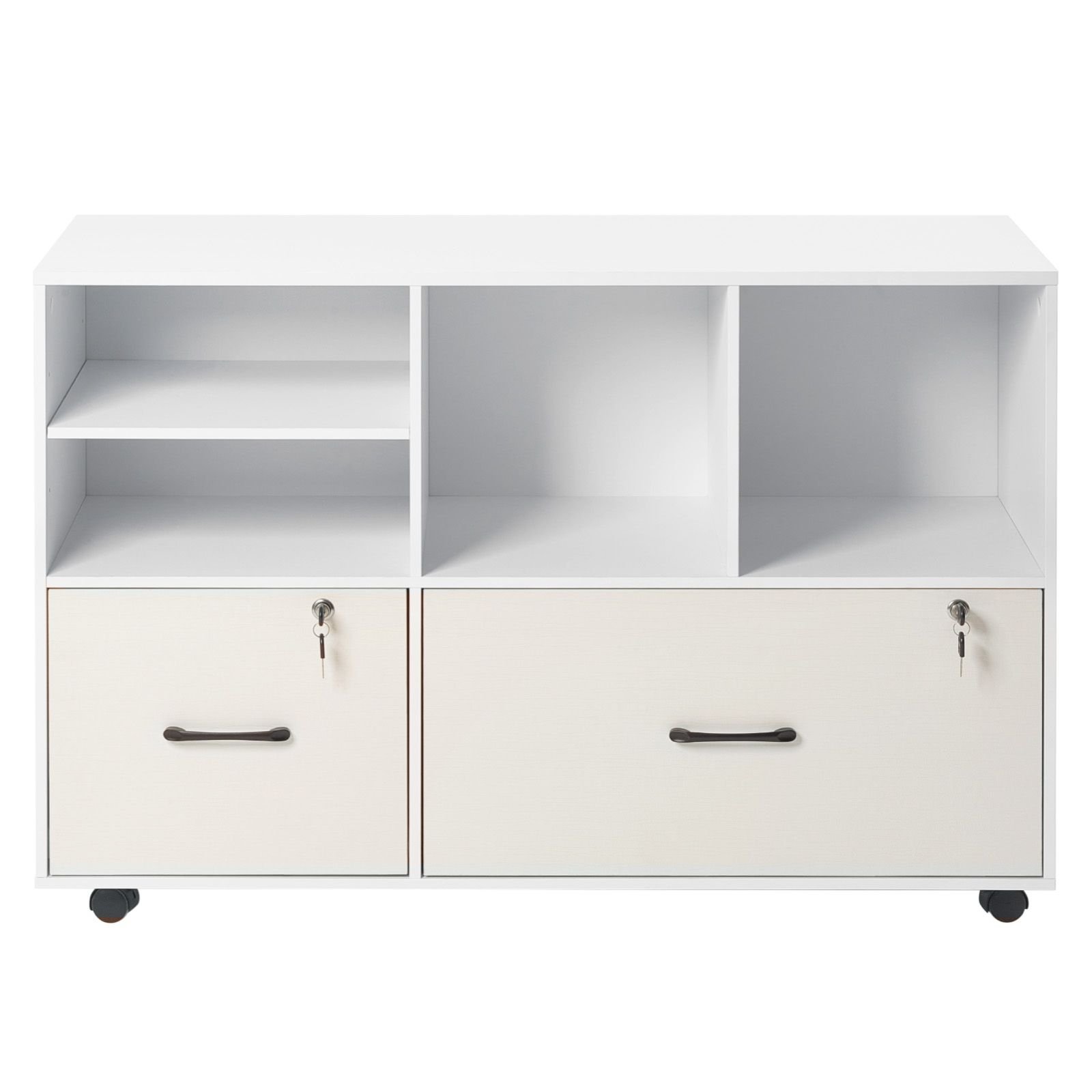 2 drawer wooden file cabinet, mobile filing cabinet with open shelves, lockable lateral rolling file storage with adjustable shelves, free standing printer stand for home office school, white