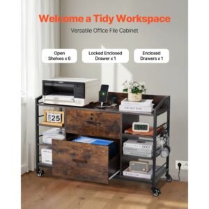 2 drawers metal file cabinet, lateral filing cabinet with lock and 6 open shelves, wooden wide filing storage cabinets with power strip for letter, a4, legal size file, easy assembly, brown