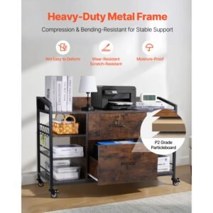 2 drawers metal file cabinet, lateral filing cabinet with lock and 6 open shelves, wooden wide filing storage cabinets with power strip for letter, a4, legal size file, easy assembly, brown