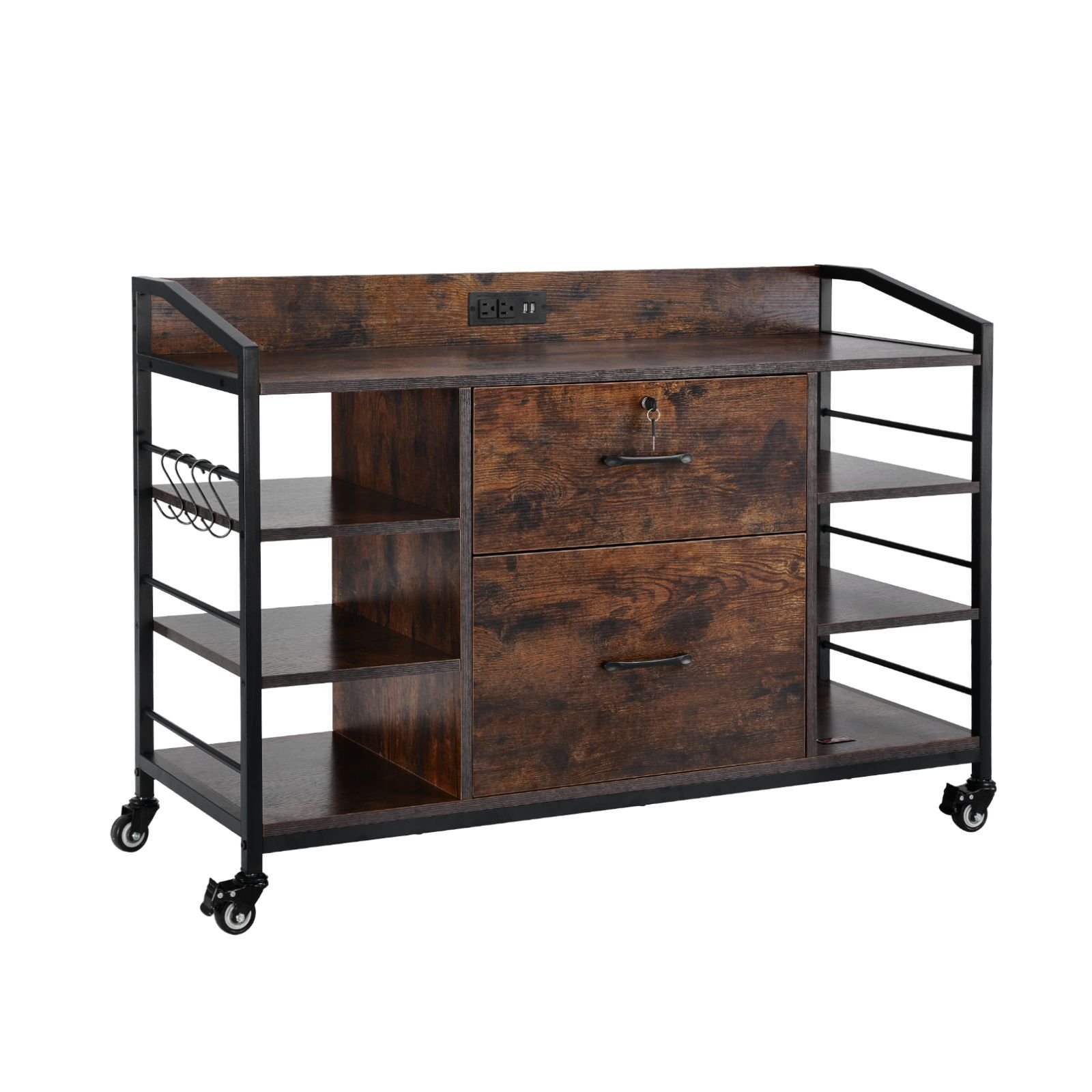 2 drawers metal file cabinet, lateral filing cabinet with lock and 6 open shelves, wooden wide filing storage cabinets with power strip for letter, a4, legal size file, easy assembly, brown