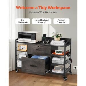 2 drawers metal file cabinet, lateral filing cabinet with lock and 6 open shelves, wooden wide filing storage cabinets with power strip for letter, a4, legal size file, easy assembly, gray