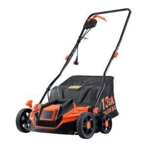 2 in 1 electric dethatcher and scarifier, 13 inch 13 amp, corded lawn dethatcher with 13 gallon thatch collection bag, 5 position depth adjustment, walk behind machine for garden yard grass