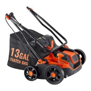 2 in 1 electric dethatcher and scarifier, 13 inch 13 amp, corded lawn dethatcher with 13 gallon thatch collection bag, 5 position depth adjustment, walk behind machine for garden yard grass