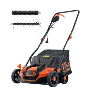 2-in-1 Electric Dethatcher and Scarifier, 13-Inch 13 Amp, Corded Lawn Dethatcher with 13-Gallon Thatch Collection Bag, 5-Position Depth Adjustment, Walk Behind Machine for Garden Yard Grass