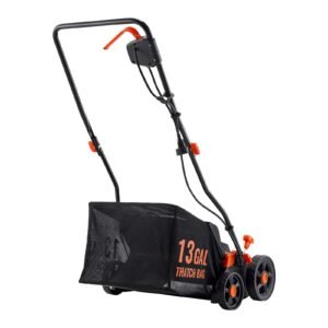 2 in 1 electric dethatcher and scarifier, 13 inch 13 amp, corded lawn dethatcher with 13 gallon thatch collection bag, 5 position depth adjustment, walk behind machine for garden yard grass