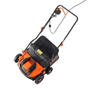 2 in 1 electric dethatcher and scarifier, 13 inch 13 amp, corded lawn dethatcher with 13 gallon thatch collection bag, 5 position depth adjustment, walk behind machine for garden yard grass