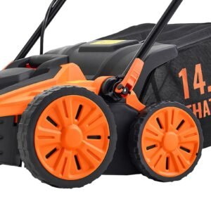 2 in 1 electric dethatcher and scarifier, 16 inch 15 amp, corded lawn dethatcher with 14.5 gallon thatch collection bag, 5 position depth adjustment, walk behind machine for garden yard grass