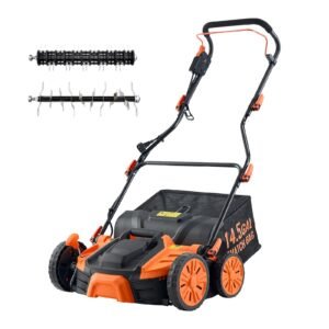 2-in-1 Electric Dethatcher and Scarifier, 16-Inch 15 Amp, Corded Lawn Dethatcher with 14.5-Gallon Thatch Collection Bag, 5-Position Depth Adjustment, Walk Behind Machine for Garden Yard Grass