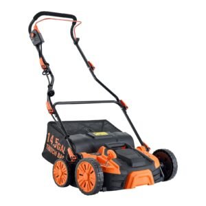2 in 1 electric dethatcher and scarifier, 16 inch 15 amp, corded lawn dethatcher with 14.5 gallon thatch collection bag, 5 position depth adjustment, walk behind machine for garden yard grass