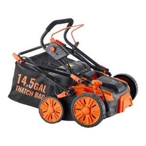 2 in 1 electric dethatcher and scarifier, 16 inch 15 amp, corded lawn dethatcher with 14.5 gallon thatch collection bag, 5 position depth adjustment, walk behind machine for garden yard grass