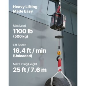 2 in 1 electric hoist winch, 1100 lbs capacity, 1500w portable power winch crane, 25 ft lifting height, 16.4 ft/min with manual and wireless remote control for factory, warehouss, garage