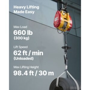 2 in 1 electric hoist winch, 660 lbs capacity, 1500w portable power winch crane, 98.4 ft lifting height, 62 ft/min with wired and wireless remote control for factory, warehouss, garage