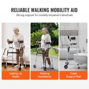 2 in 1 folding walker & removable armrests, height adjustable foldable walker with 5" solid wheels, lightweight aluminum | front wheeled mobility aid for elderly handicapped disabled, 450 pounds
