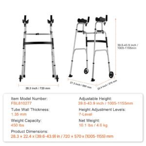 2 in 1 folding walker & removable armrests, height adjustable foldable walker with 5" solid wheels, lightweight aluminum | front wheeled mobility aid for elderly handicapped disabled, 450 pounds