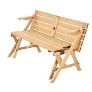 2 in 1 transforming interchangeable picnic table, outdoor wooden table and bench set, portable foldable bench with umbrella hole, patio dining furniture for garden, backyard, porch (brown)