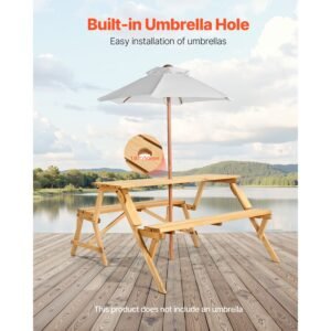 2 in 1 transforming interchangeable picnic table, outdoor wooden table and bench set, portable foldable bench with umbrella hole, patio dining furniture for garden, backyard, porch (brown)