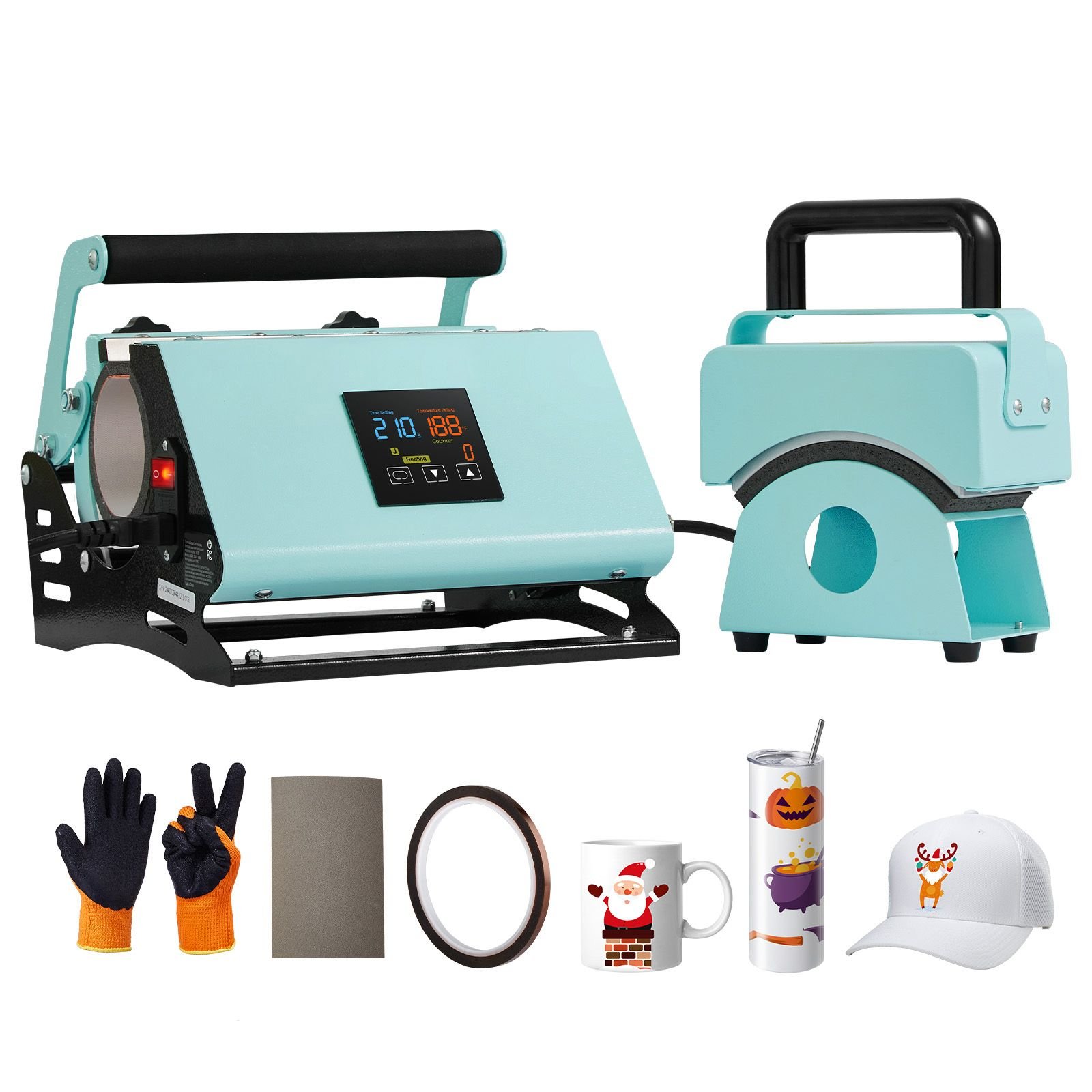 2 in 1 tumbler and hat heat press machine, mini hat heat press for caps and hats, tumbler heat press for 11 30oz sublimation tumblers and mugs, temperature and time control, green