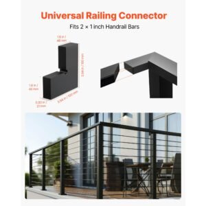 2 pack corner connectors for handrail, extension stair railing accessories, pom hand rail connector fittings for rectangular cable railing, deck cable rail system outdoor, matte black, ht 05