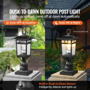 2 pack dusk to dawn outdoor post light, 15.75 in, waterproof lamp post light fixtures with 5.5 in pier mount base glass shade, lightning proof exterior pole column light for patio garden pathway