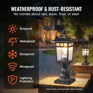 2 pack dusk to dawn outdoor post light, 15.75 in, waterproof lamp post light fixtures with 5.5 in pier mount base glass shade, lightning proof exterior pole column light for patio garden pathway