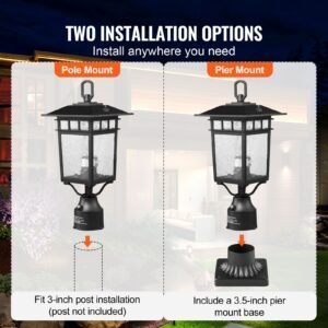 2 pack dusk to dawn outdoor post light, 15.75 in, waterproof lamp post light fixtures with 5.5 in pier mount base glass shade, lightning proof exterior pole column light for patio garden pathway