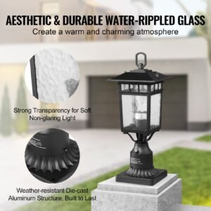 2 pack dusk to dawn outdoor post light, 15.75 in, waterproof lamp post light fixtures with 5.5 in pier mount base glass shade, lightning proof exterior pole column light for patio garden pathway
