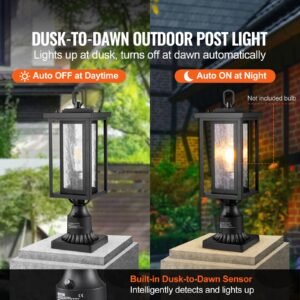 2 pack dusk to dawn outdoor post light, 17.72 in, waterproof lamp post light fixtures with 3.5 in pier mount base glass shade, lightning proof exterior pole column light for patio garden pathway