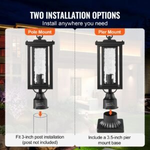 2 pack dusk to dawn outdoor post light, 17.72 in, waterproof lamp post light fixtures with 3.5 in pier mount base glass shade, lightning proof exterior pole column light for patio garden pathway