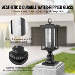 2 pack dusk to dawn outdoor post light, 17.72 in, waterproof lamp post light fixtures with 3.5 in pier mount base glass shade, lightning proof exterior pole column light for patio garden pathway