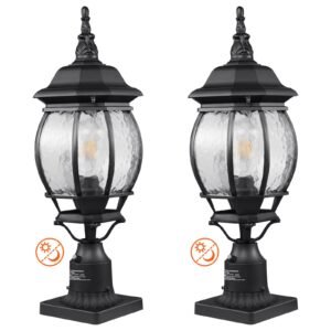 2 pack dusk to dawn outdoor post light, 20.87 in, waterproof lamp post light fixtures with 5.5 in pier mount base glass shade, lightning proof exterior pole column light for patio garden pathway