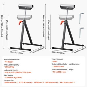 2 pack roller stands, 135 lb load capacity, 26.8 42.5'' adjustable height, folding heavy duty design with 11.5 in polished steel roller head, for table saw outfeed woodworking extension support