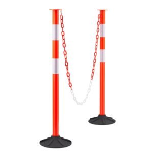 2 Pack Traffic Delineator Posts, 34 in Traffic Safety Cones with Weighted Base, Reflective Strips and Chain, Heavy Duty Delineator Posts for Construction Site, Parking Lot, Crowd Control, Red