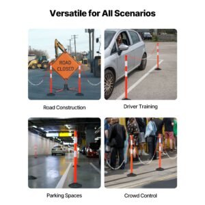 2 pack traffic delineator posts, 34 in traffic safety cones with weighted base, reflective strips and chain, heavy duty delineator posts for construction site, parking lot, crowd control, red