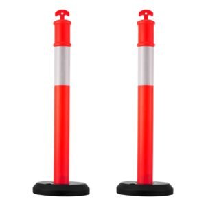 2 Pack Traffic Delineator Posts, 48 inches Traffic Safety Cones with Fillable Base and Reflective Strips, Heavy Duty Delineator Posts for Construction Site, Parking Lot, Crowd Control, Red
