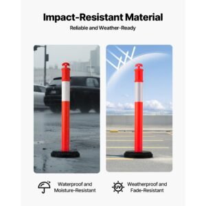 2 pack traffic delineator posts, 48 inches traffic safety cones with fillable base and reflective strips, heavy duty delineator posts for construction site, parking lot, crowd control, red
