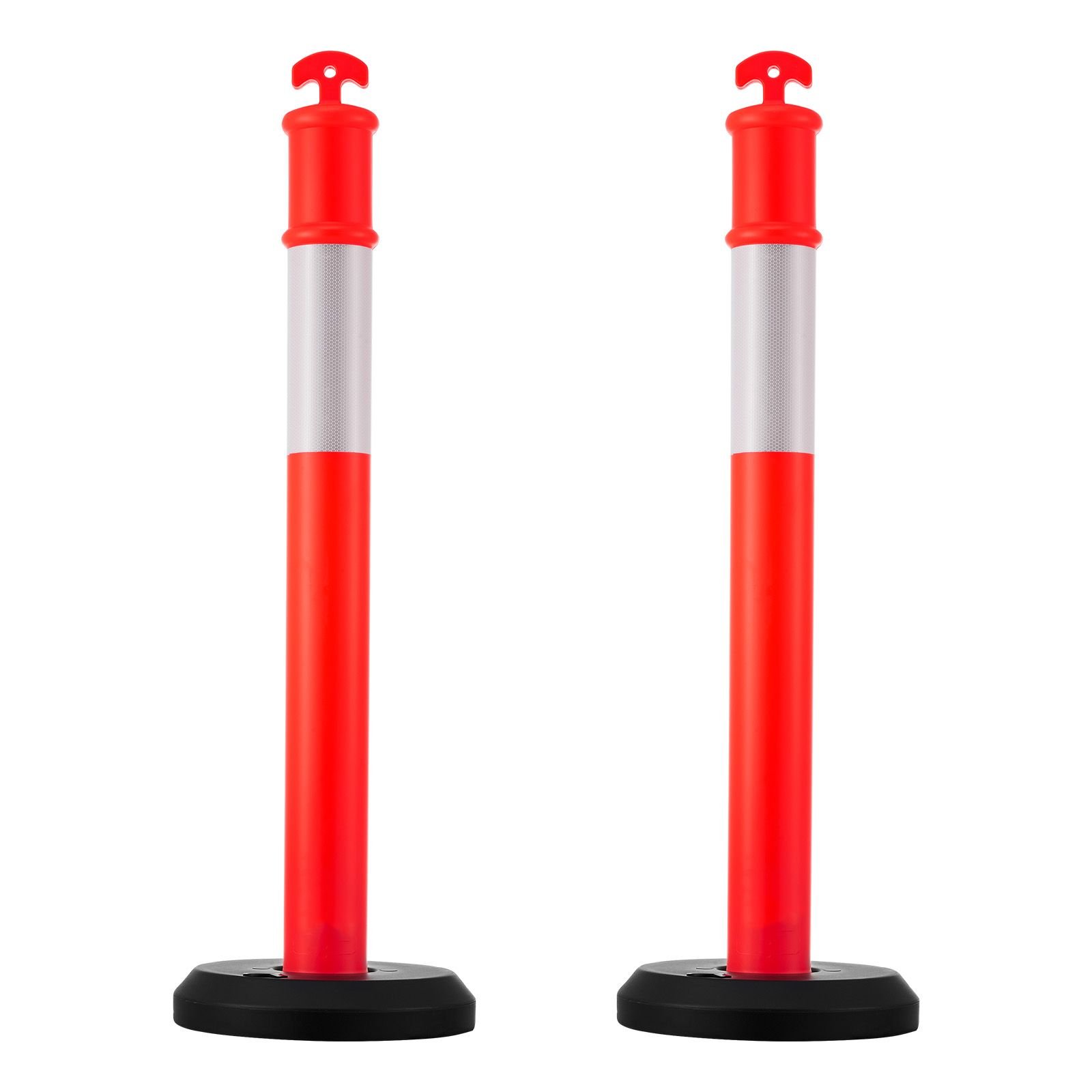 2 pack traffic delineator posts, 48 inches traffic safety cones with fillable base and reflective strips, heavy duty delineator posts for construction site, parking lot, crowd control, red