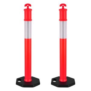 2 Pack Traffic Delineator Posts, 48 inches Traffic Safety Cones with Weighted Base and Reflective Strips, Heavy Duty Delineator Posts for Construction Site, Parking Lot, Crowd Control, Red