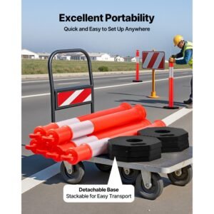 2 pack traffic delineator posts, 48 inches traffic safety cones with weighted base and reflective strips, heavy duty delineator posts for construction site, parking lot, crowd control, red