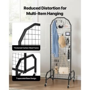 2 packs grid wall panels, 1.9 x 5.4 ft wire grid panels display rack, movable art display shelf with wheels and 20 hooks, black carbon steel gridwall for craft show, decor, storage, notice board