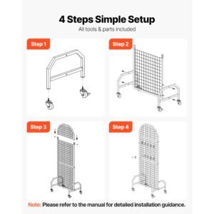 2 packs grid wall panels, 1.9 x 5.4 ft wire grid panels display rack, movable art display shelf with wheels and 20 hooks, black carbon steel gridwall for craft show, decor, storage, notice board