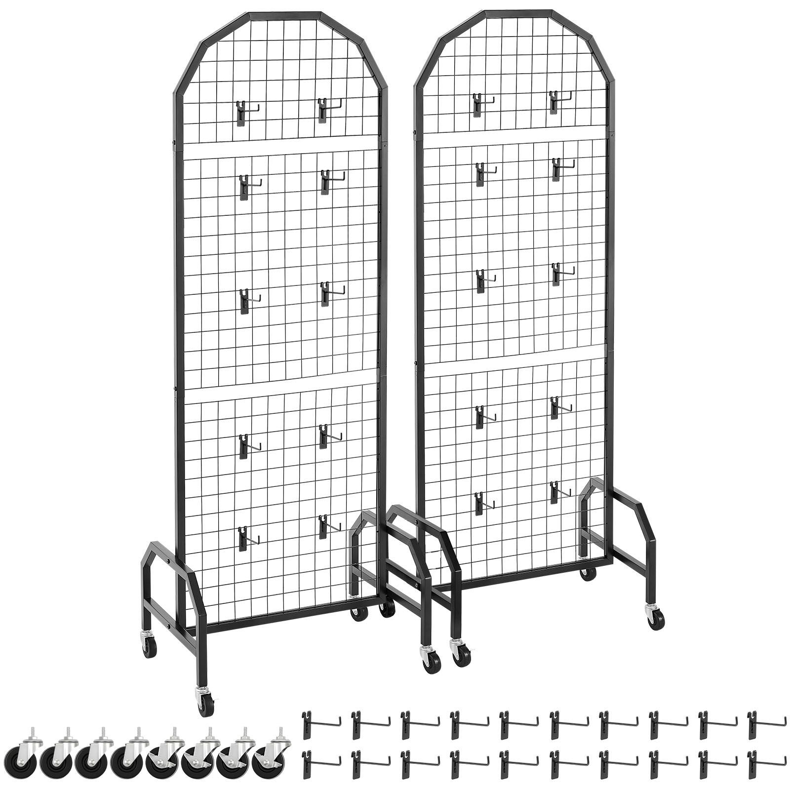2 packs grid wall panels, 1.9 x 5.4 ft wire grid panels display rack, movable art display shelf with wheels and 20 hooks, black carbon steel gridwall for craft show, decor, storage, notice board