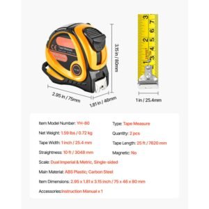 2 packs tape measure 25 ft length, measuring tape with retractable, imperial and metric ft/m dual scale & abs case & easy read steel measurement tool,for outdoor,decoration
