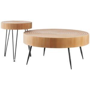 2 pieces round coffee tables sets, 31.3 in industrial living room table with 1 end side table, easy assembly coffee and end tables sets with metal legs, for office, living room and apartment